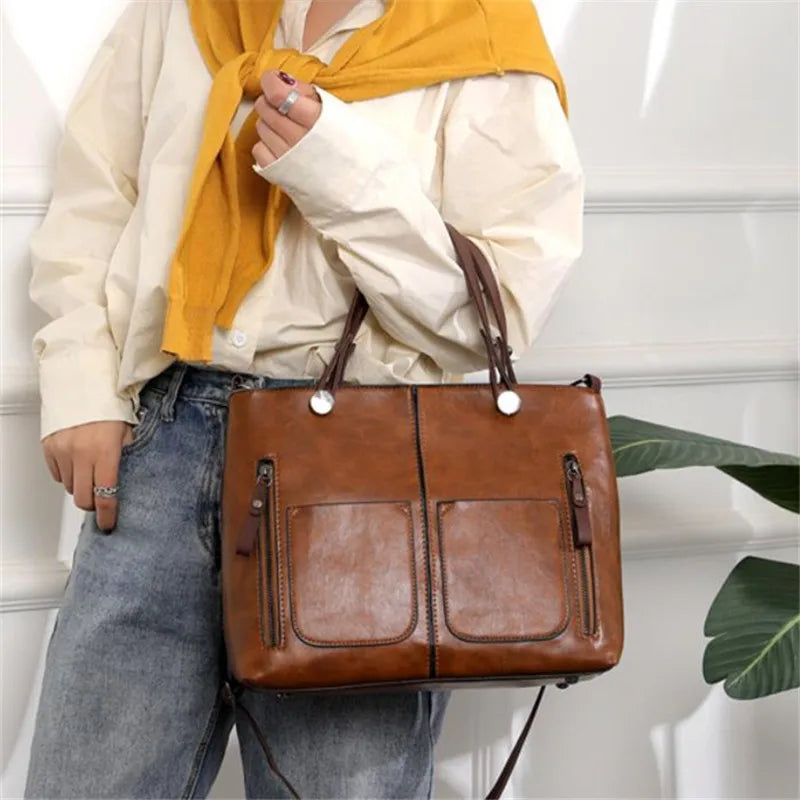 FXZLLQ Damen Retro Leder Handtasche – Zwei-Zipper Pocket Tote Bag, klassische Schulter- & Crossbody-Tasche für Arbeit & Business