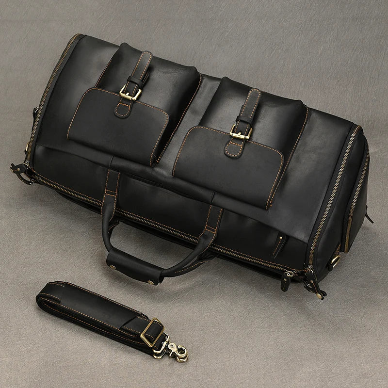 QINGWU Große Leder Reisetasche für Herren – Luxus Duffle & Suit Bag aus echtem Rindsleder mit hartem Korpus