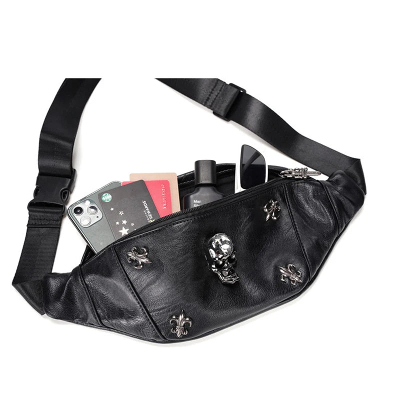 Annmouler Unisex Bauchtasche 2022 – Punk Style Fanny Pack aus Schwarzem PU-Leder mit Totenkopf, Nieten & Verstellbarem Gurt