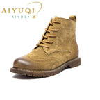 Damen Stiefeletten aus echtem Leder &amp; Wildleder – Britische Retro Ankle Boots mit Schnürung, Fellfutter &amp; niedrigem Blockabsatz (Herbst/Invierno 2025) 