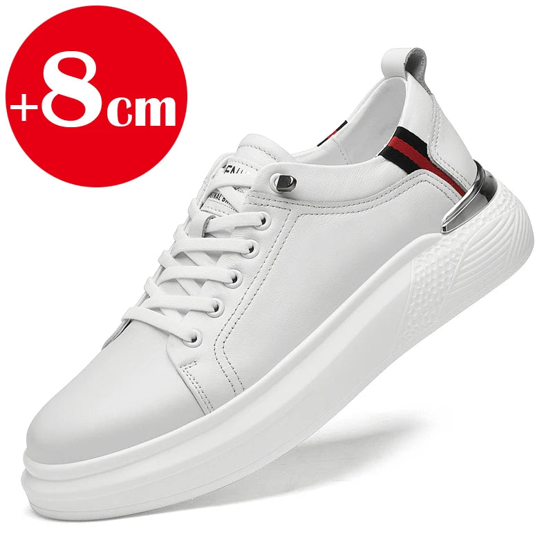 Hiyixgh Herren Lederschuhe mit Höhenaufbau – Weiße Sneaker mit 6–8 cm Elevator-Einlagen, sportlich & casual