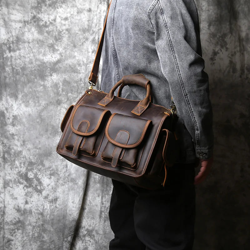 NZPJ Vintage Herren Leder-Aktentasche - Bolso bandolera de piel de vaca Crazy Horse para ordenador portátil, envío y viaje