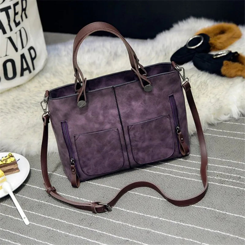 FXZLLQ Damen Retro Leder Handtasche – Zwei-Zipper Pocket Tote Bag, klassische Schulter- & Crossbody-Tasche für Arbeit & Business