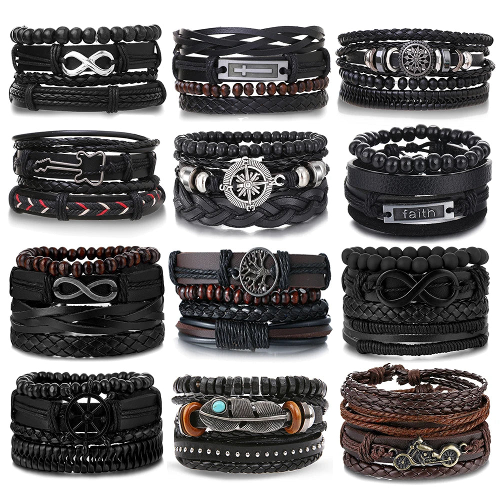 Punk Leder Wickelarmband mit Gitarren- & Unendlichkeits-Symbol – Geflochtenes Vintage Armband mit Holzperlen, Ethno Tribal Wristband für Damen & Herren