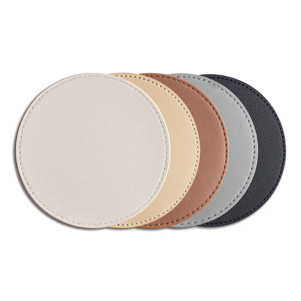 5er-Set personalisierte Getränkeuntersetzer aus PU-Leder – Runde, hitzebeständige Unterlagen Ø 11 cm mit Wunschdesign 