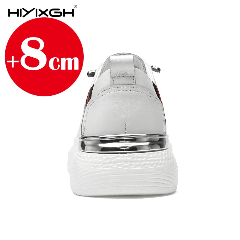 Hiyixgh Herren Lederschuhe mit Höhenaufbau – Weiße Sneaker mit 6–8 cm Elevator-Einlagen, sportlich & casual