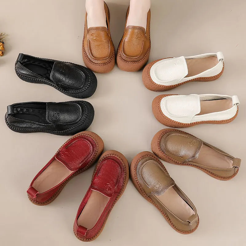 feerldi Damen Leder Flats WB-308K – Retro Slip-On Loafers, Weiche, Anti-Rutsch Mokassins, Elegante grüne Flats für Alltag & Büro