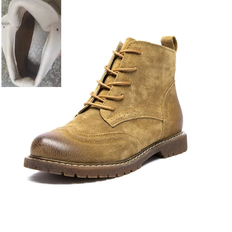 Damen Stiefeletten aus echtem Leder &amp; Wildleder – Britische Retro Ankle Boots mit Schnürung, Fellfutter &amp; niedrigem Blockabsatz (Herbst/Invierno 2025) 