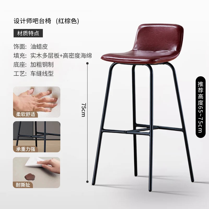 Leder Barstuhl für Balkon & Wohnraum – Moderner Nordic Minimalist Barhocker aus Echtleder mit Carbonstahlgestell