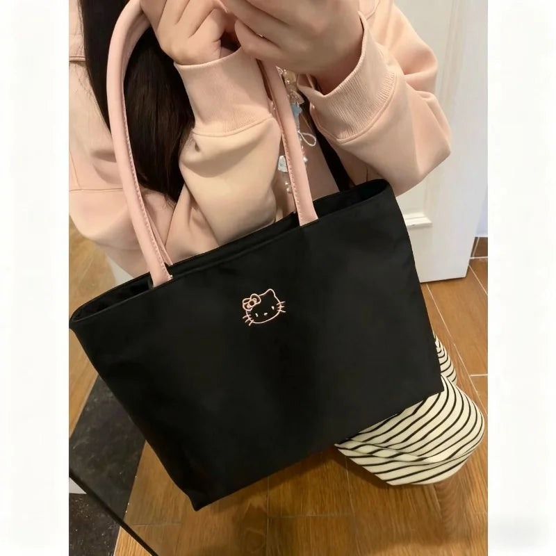Sacs à provisions pour femmes avec autocollants Cartoon – Grand sac à provisions noir en nylon, doux et moderne