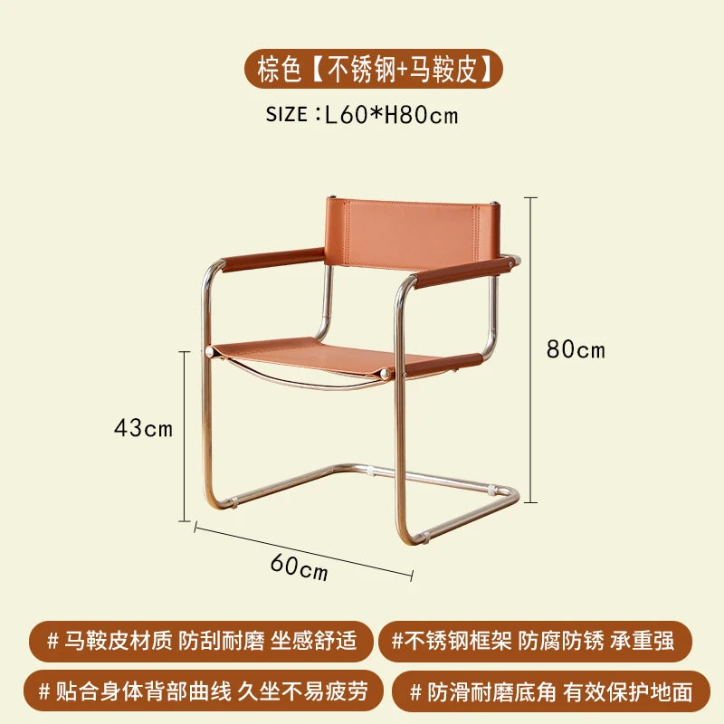 Bauhaus Esszimmerstuhl aus Edelstahl & Sattelleder – Platzsparender Designerstuhl mit Armlehnen für Wohnzimmer & Essbereich
