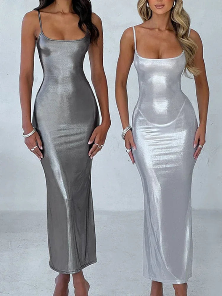 Glänzendes Patentleder Maxi Kleid für Damen – Ärmelloses Bodycon Langkleid mit eckigem Ausschnitt & rückenfreiem Design, elegantes Club- & Party-Kleid