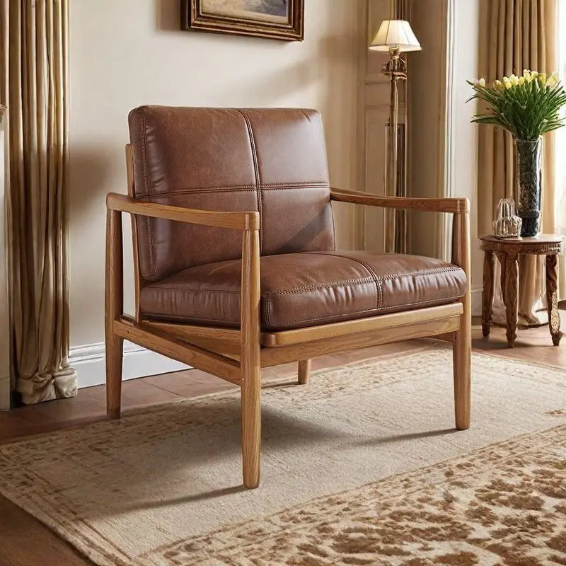 Stilvoller Leder-Loungesessel mit Massivholzgestell – Moderner & gemütlicher Einzelsessel im skandinavischen Design für Wohnzimmer