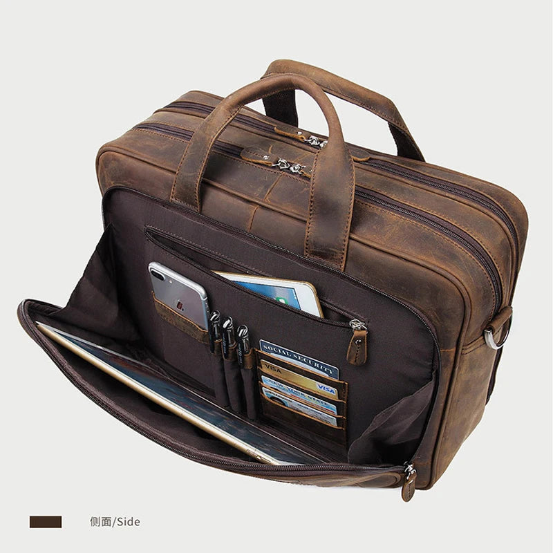 MUNUKI Herren Aktentasche aus echtem Crazy-Horse-Leder – Große Business & Office Leder-Briefcase für 17 Zoll Laptop, Portfolio & Arbeitsunterlagen