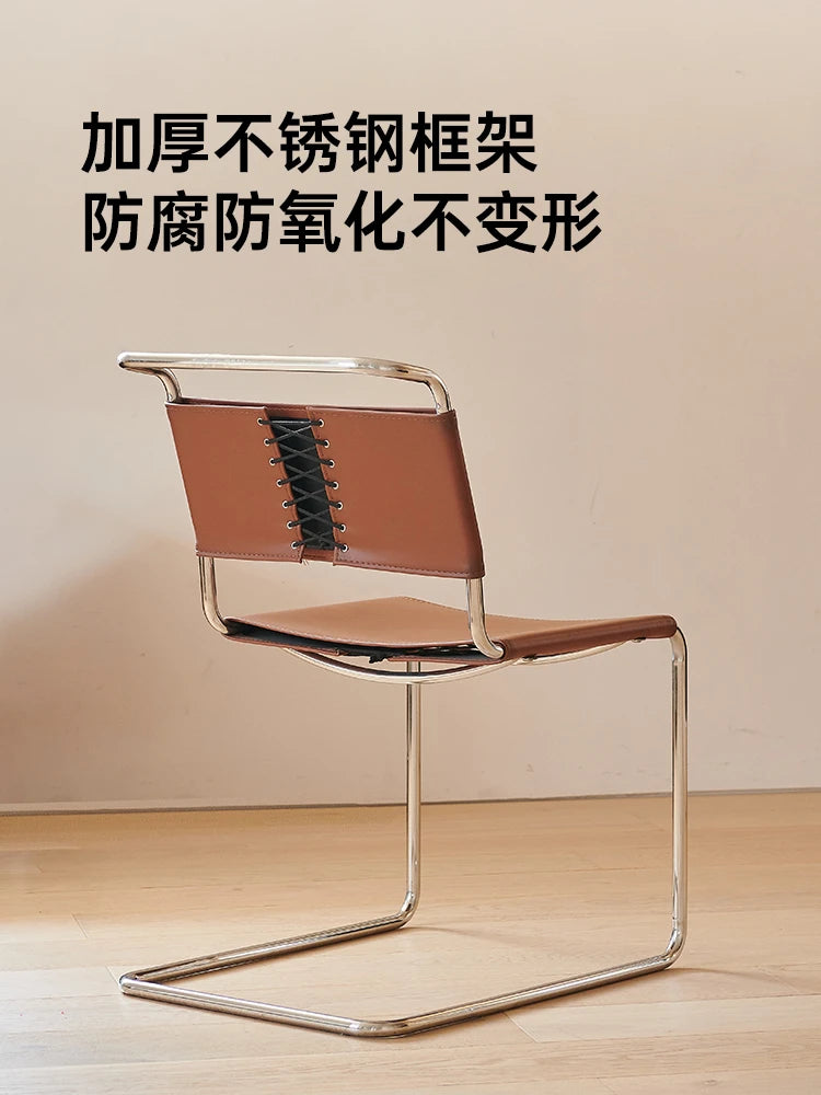 Freischwinger Stuhl aus Edelstahl & Sattelleder – Moderner Bauhaus Cantilever Chair mit Armlehnen für Esszimmer & Wohnzimmer