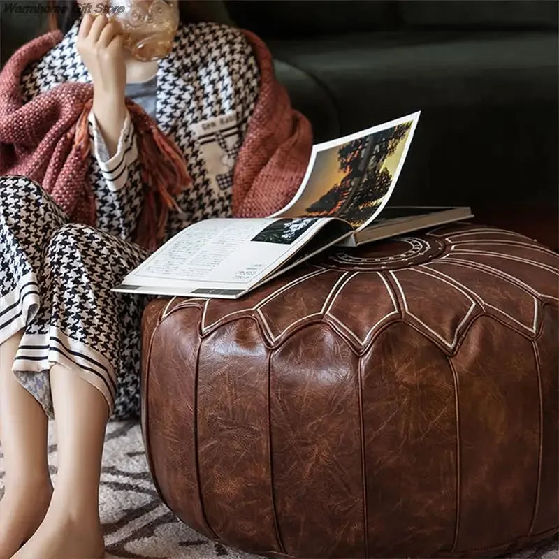 Marokkanischer PU Leder Pouf 58 cm – Handgefertigtes Meditationskissen & Ottoman mit Stickerei, rund, ungefüllt
