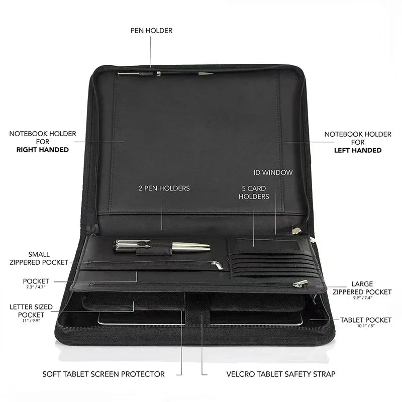 Große Leder A4 Business Portfolio Mappe mit Reißverschluss – Schwarzer Executive Dokumenten- &amp; Schreiborganizer