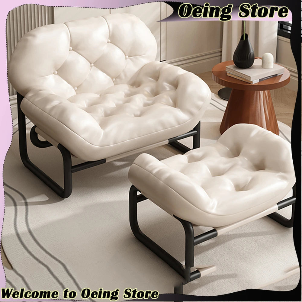 Moderner Leder-Relaxsessel mit Armlehnen & Fußhocker – Minimalistischer Single Sofa Chair in Weiß für Wohnzimmer, Balkon & Meditation