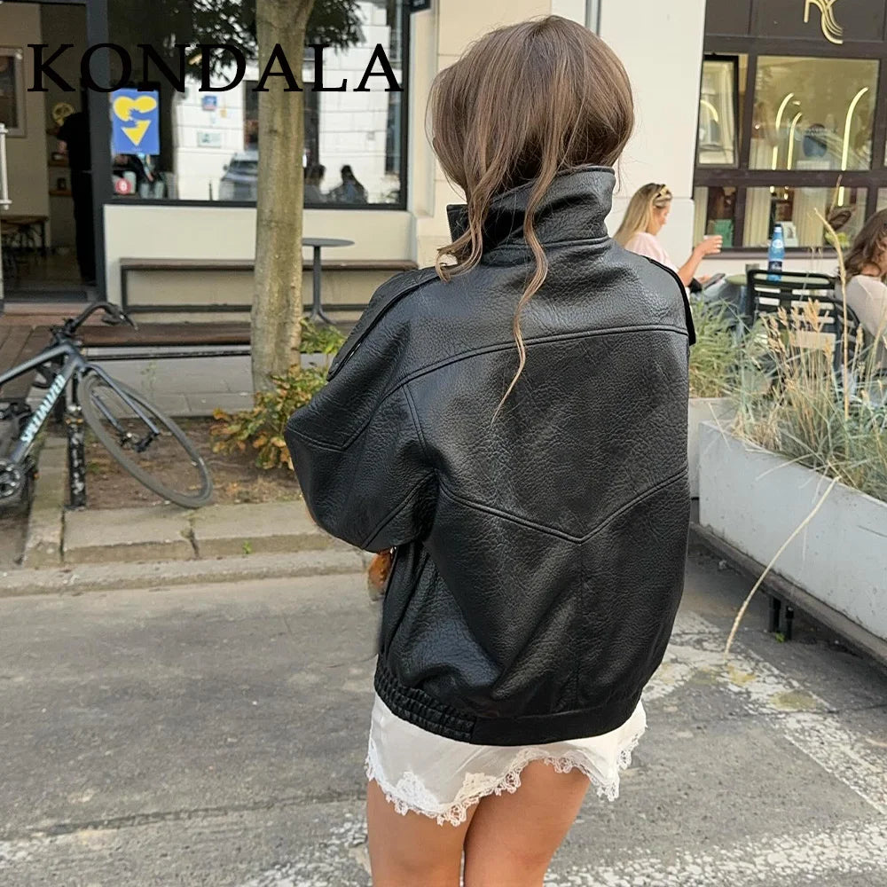 KONDALA Damen Kunstleder Mantel Herbst & Winter 2025 – Vintage Faux Leather Coat mit Reißverschluss, Umlegekragen & Epauletten, Streetwear Look