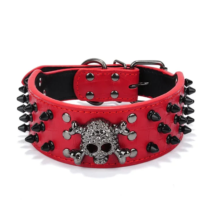 Totenkopf Spikes Leder Hundehalsband – Nieten & Stacheln, verstellbar, Anti-Biss Halsband für mittelgroße & große Hunde