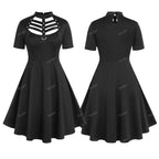 Gothic Plus Size Minikleid mit PU-Leder-Panels – A-Linien Kleid mit D-Ring, Cut-Outs & hoher Elastizität bis 5XL