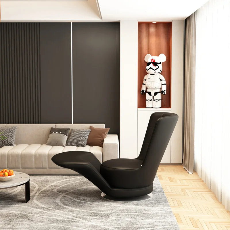 Moderner drehbarer Ledersessel in Schwarz – Übergroßer Relax-Wohnzimmerstuhl mit Armlehnen, lujoso sillón de diseño nórdico