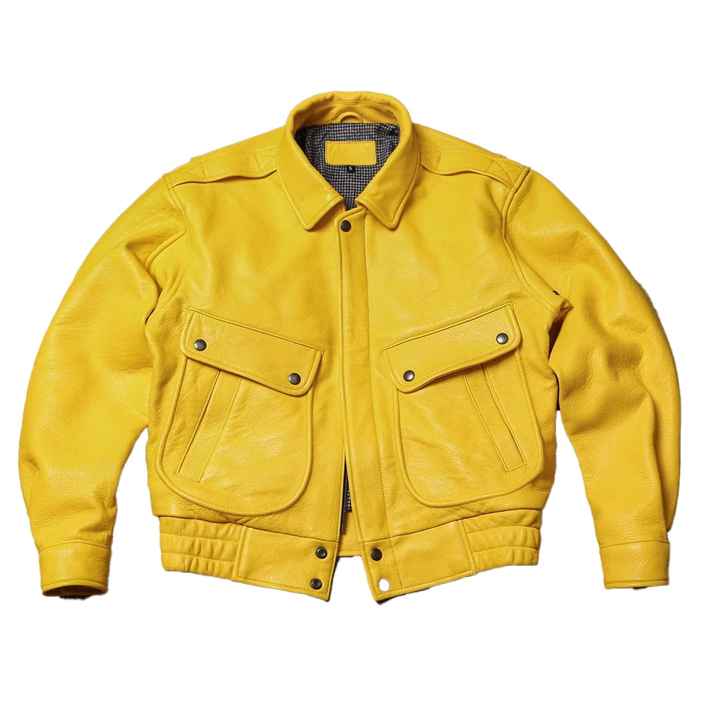 Mauroicardi Herren PU Lederjacke Gelb – Kurze, weiche Designerjacke mit Umlegekragen im High-Street-Stil für Frühling & Herbst 2025