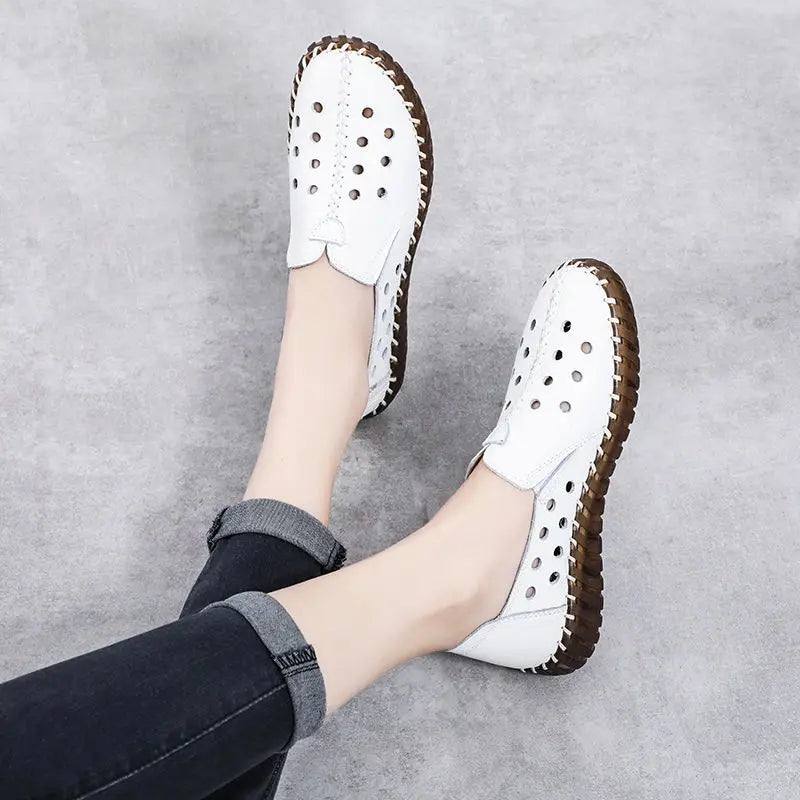 feerldi Damen Moccasins Flats – Handgefertigte Leder Loafers, Slip-On Ballerinas für Arbeit, Pflege & Alltag