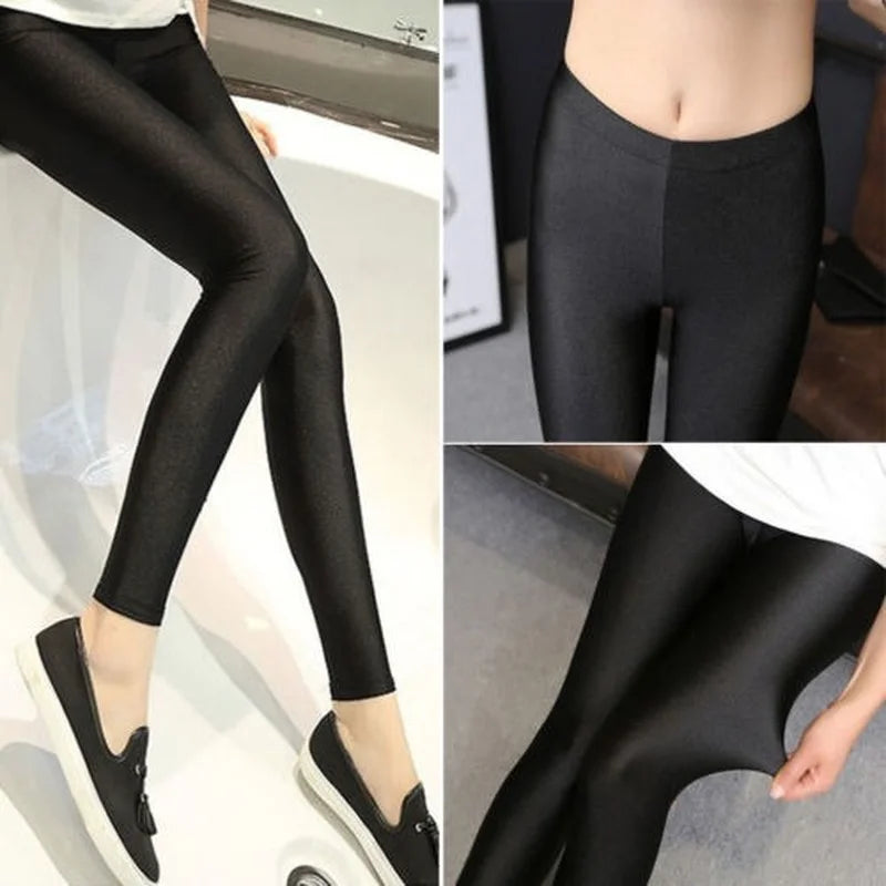 Damen Shiny Lederleggings Skinny Fit – Glänzende V-Waist Leggings mit Stretch, modische Kunstleder Hose