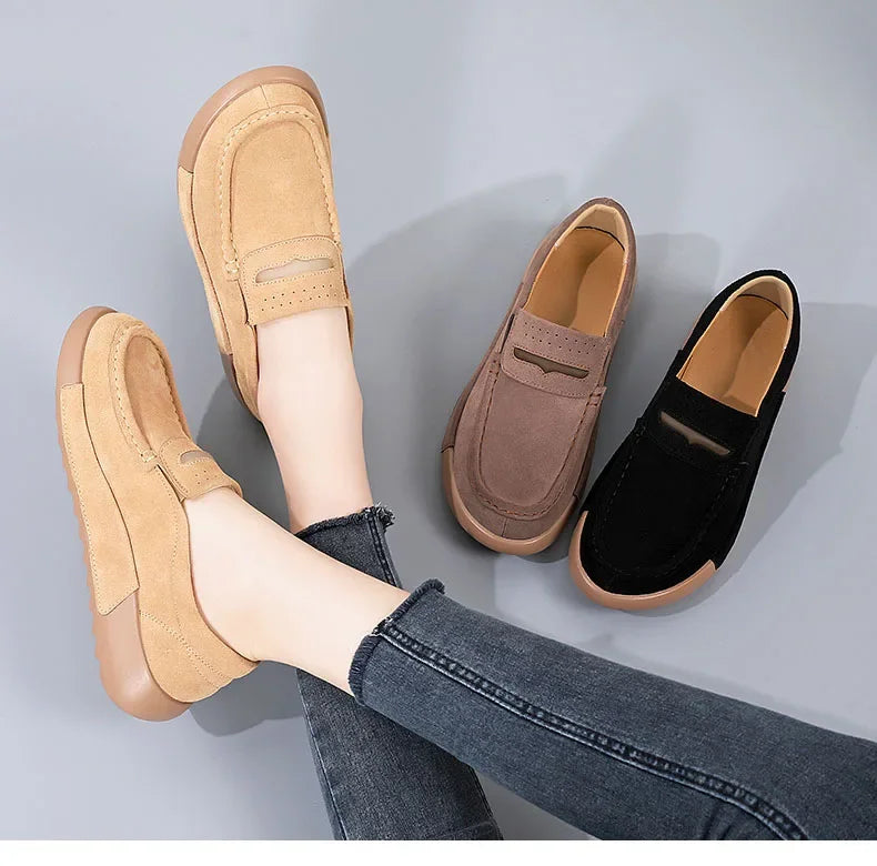 TIMETANG Damen Loafers Flats – Handgefertigte Mokassins aus echtem Leder, Slip-On, runde Zehen, Plattform Schuhe für Frühling & Herbst