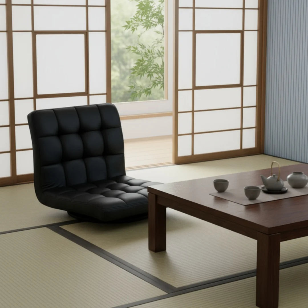 Japanischer Zaisu Leder-Bodenstuhl mit 360° Drehfunktion – Meditations- & Tatami-Stuhl ohne Beine für Wohnzimmer & Entspannungsbereiche