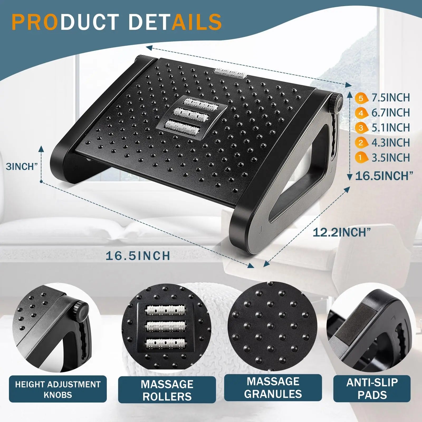 Ergonomische Fußstütze für den Schreibtisch mit Massage-Rollen – Komfortabler Fußhocker zur Entlastung von Beinen & Rücken im Homeoffice