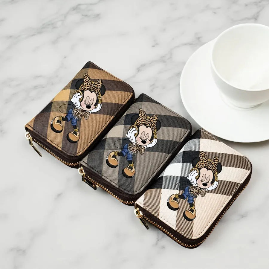 Potdemiel Damen Geldbörse aus PU-Leder – Kurze Wallet mit Reißverschluss, Minnie Karomuster &amp; Leoparden-Design, Kartenfächer in 3 Farben