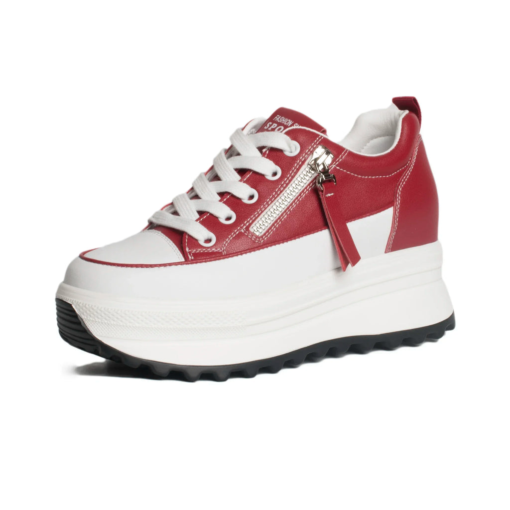 Fujin Damen Plateau Sneaker aus Echtleder – 7 cm Wedge Sneakers mit Schnürung | Komfortable Leder Plattform-Schuhe für Frauen