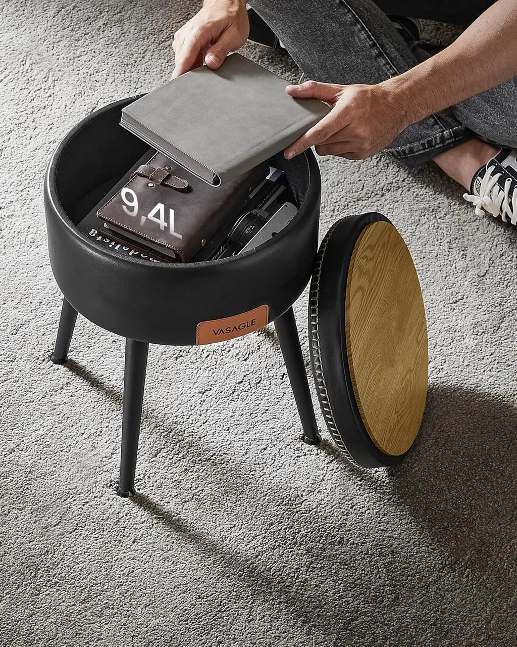 VASAGLE Sitzhocker mit Stauraum aus PU-Leder - Moderner Fußhocker &amp; Schminkhocker hasta 150 kg, EKHO Kollektion, Tinta Negra 