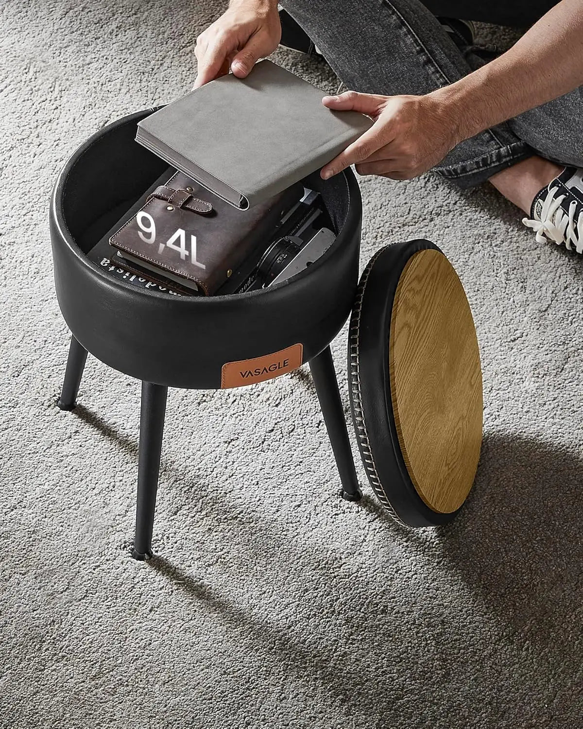 VASAGLE Sitzhocker mit Stauraum aus PU-Leder – Moderner Fußhocker & Schminkhocker bis 150 kg, EKHO Kollektion, Ink Black