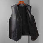 Herren Lederweste mit warmem Fleece-Futter – Winter V-Ausschnitt Weste, einreihig & bequem, Casual Lederweste für Herbst & Winter