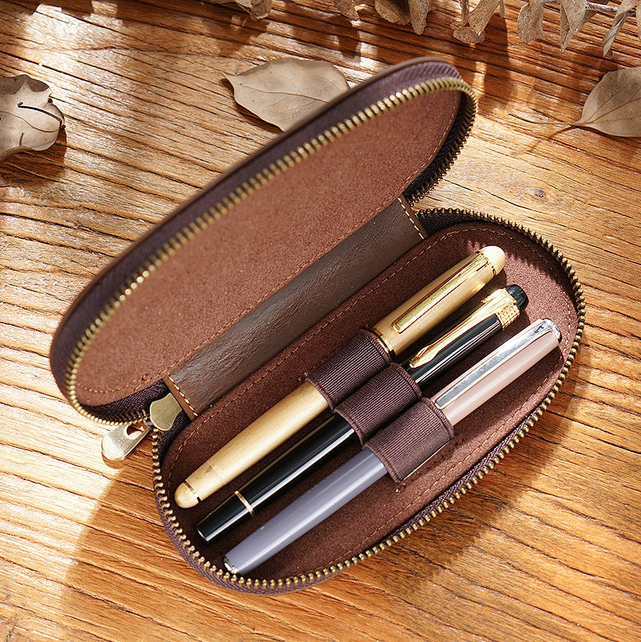 Vintage Crazy Horse Leder Stifteetui 3er-Set – Ovales Pen Case mit Reißverschluss für Füllfederhalter & Schreibgeräte