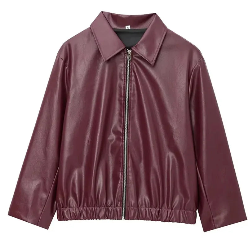 Damen Vintage Lederjacke Bordeaux Rot – Kurze Jacke im American Style mit Reißverschluss für Herbst &amp; Winter 2024 
