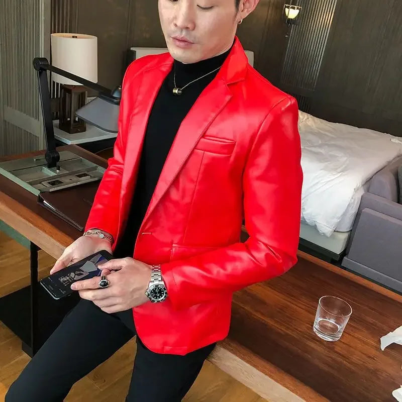 Dünner Herren Lederblazer im klassischen Stil – Einreihiges Sakko im koreanischen Design, hochwertige Casual Jacke für den Herbst