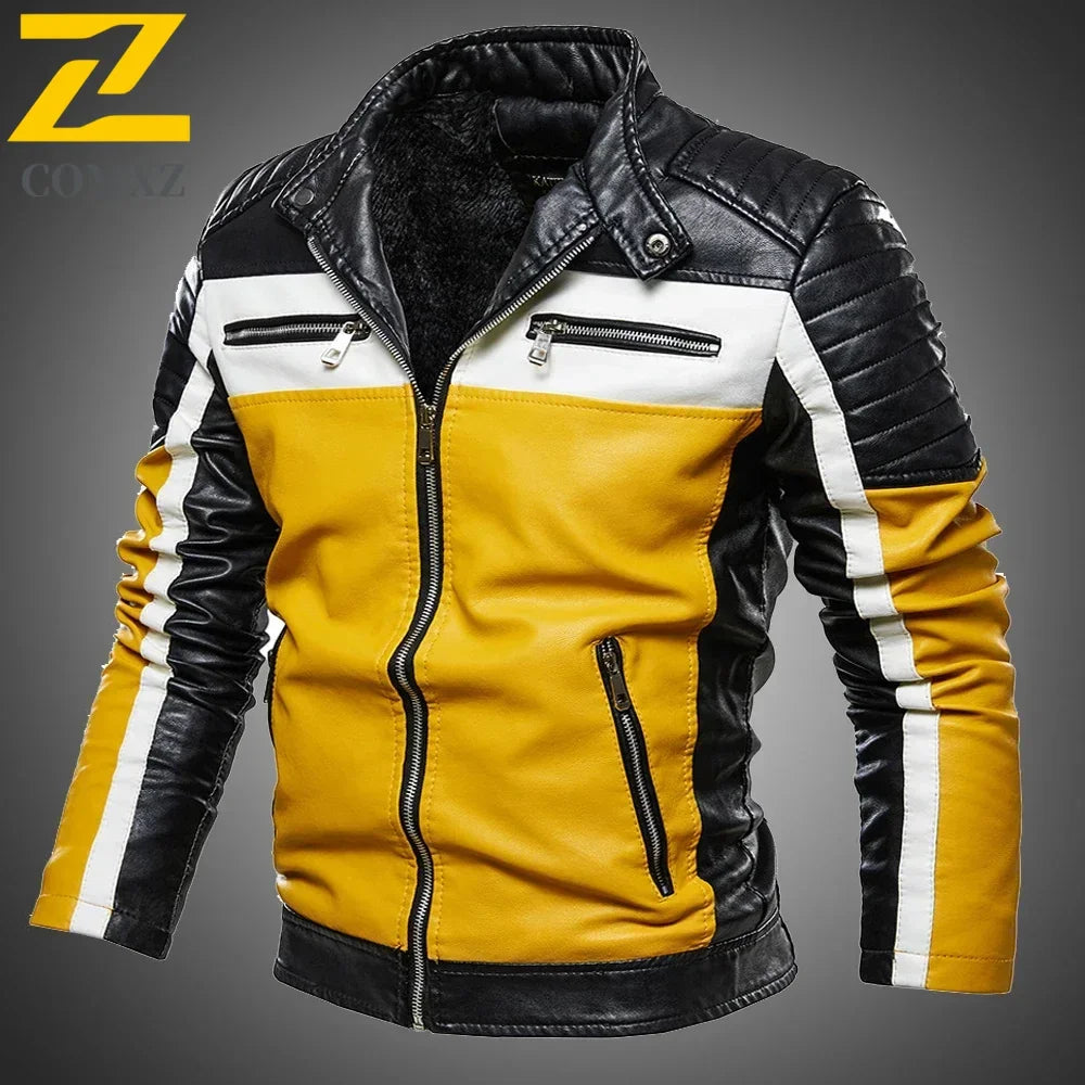 Chaqueta de cuero sintético amarillo para hombre, chaqueta de motociclista con parches, abrigo informal con cremallera, chaqueta de motociclista ajustada con forro de piel