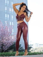 Damen PU-Leder Zweiteiler in Bordeaux – Body &amp; Scrunch-Leggings mit Reißverschluss, Figurbetontes Winter-Outfit 2025
