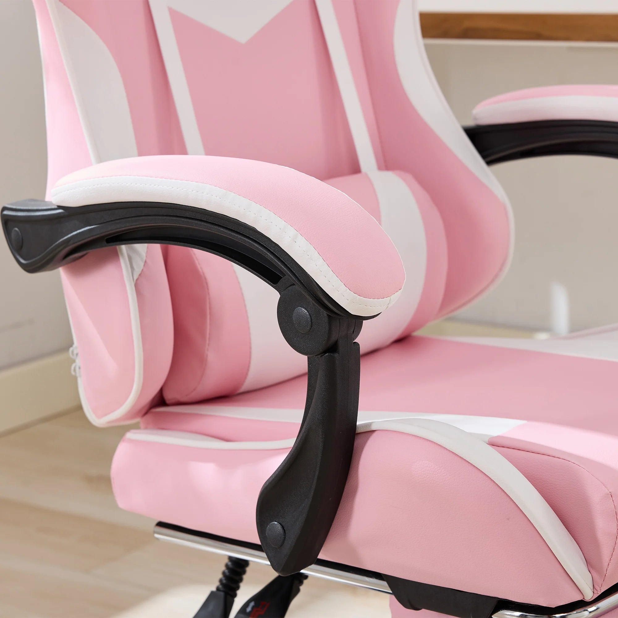 Ergonomischer Racing Gaming Chair in Pink – Höhenverstellbarer Leder-Drehstuhl mit High-Back Rückenlehne, Fußstütze & Massagefunktion