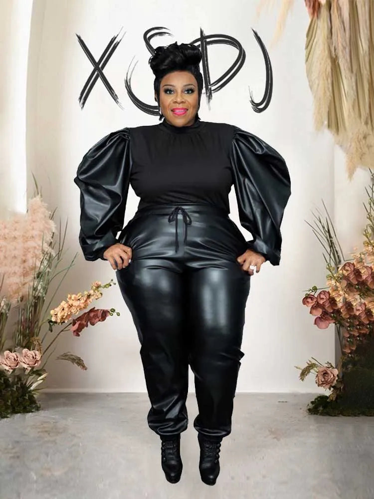 Damen Plus Size Zweiteiler Herbst &amp; Winter - Conjunto de patchwork de PU &amp; Strick mit Oberteil und Lederlook-Hose, Große Größen 2XL–5XL