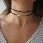 Collier ras du cou double plus haut avec anneaux métalliques – Collier noir pour femmes de style bohème pour femmes 