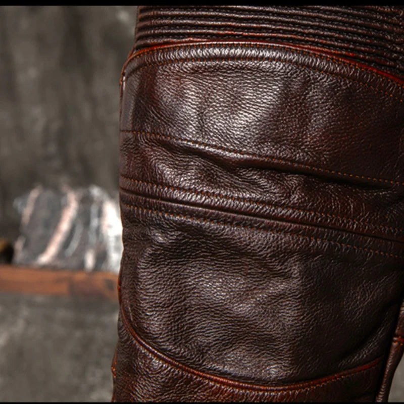 Herren Echtlederhose in Rotbraun – Vintage Motorrad-Lederhose aus natürlichem Rindsleder, Warme Winterhose im Retro-Stil bis 5XL