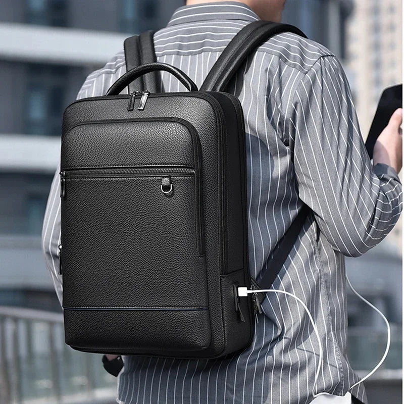 Executive PU-Leder Rucksack für Herren – USB-Ladefunktion, Business & Office Laptop-Backpack, Reisetasche
