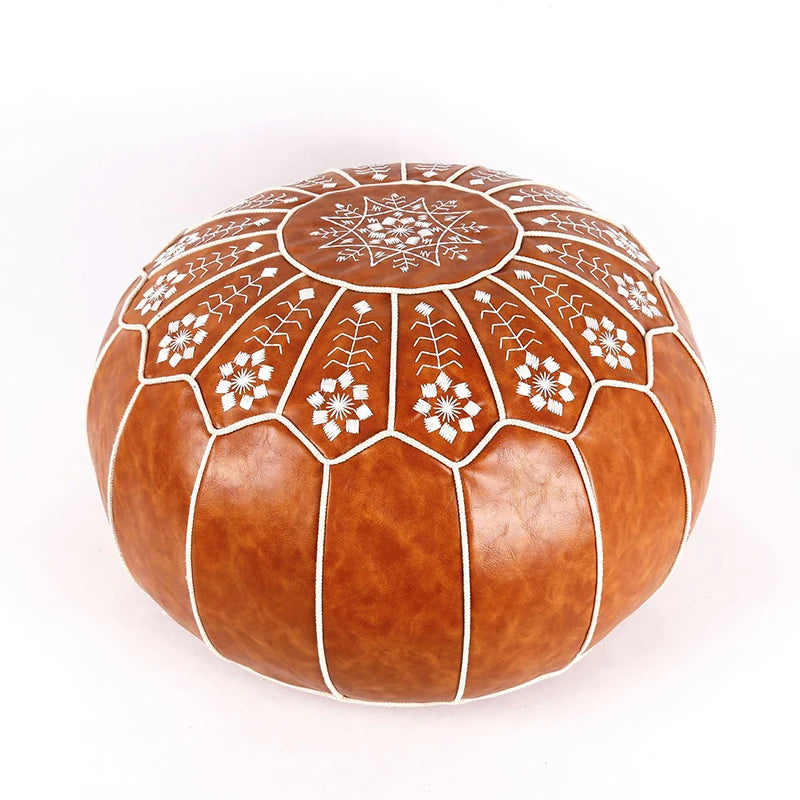 Marokkanischer PU Leder Pouf – Handgefertigter Ottoman & Fußhocker im mediterranen Stil, rund 50 cm, ungefüllt