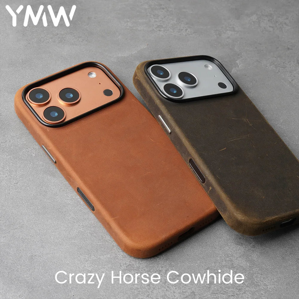 YMW Crazy Horse Coque rigide avec aimant pour iPhone 15–17 Pro Max – Coque rigide de qualité supérieure au look vintage