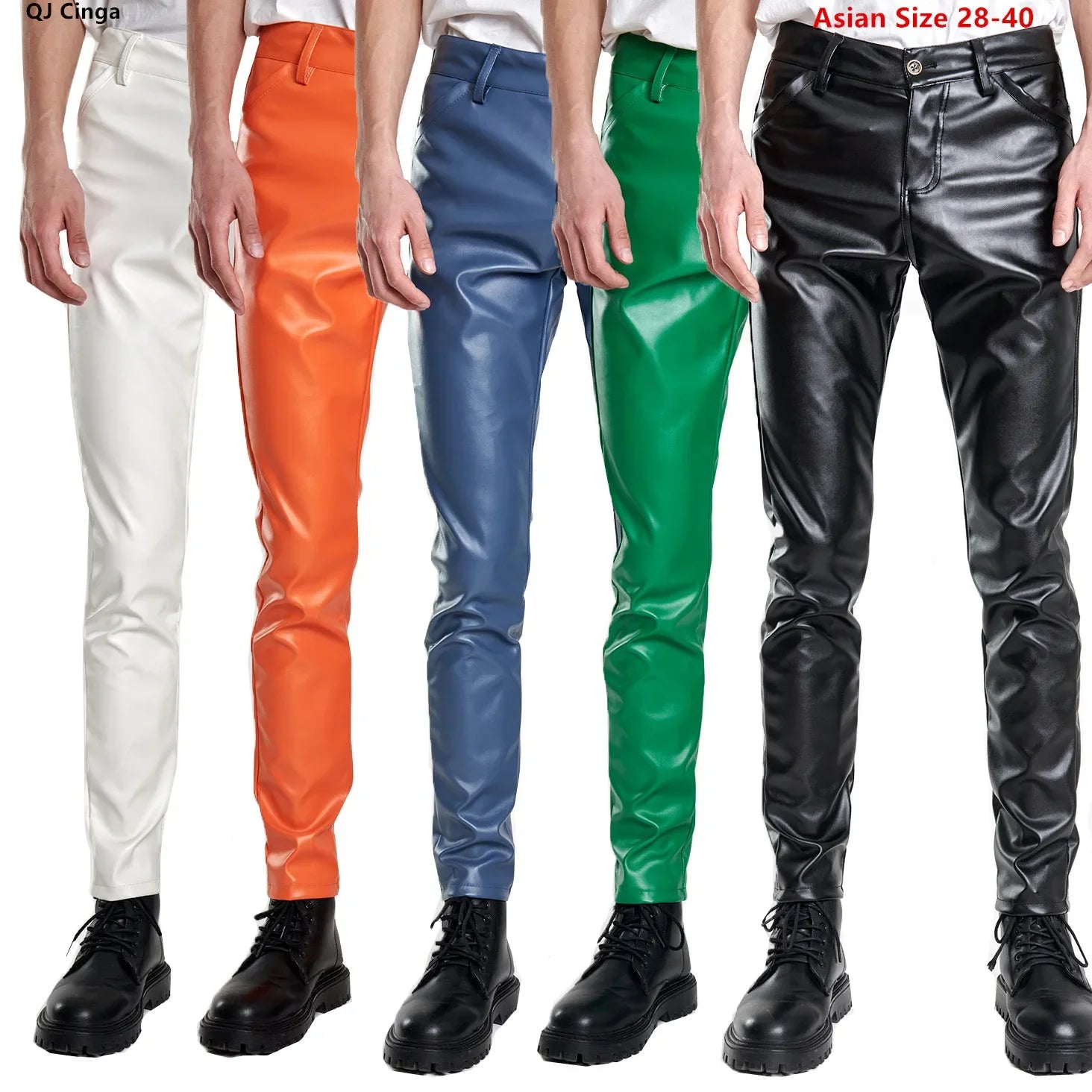 Herren Biker PU Lederhose Slim Fit – Dünne Kunstlederhose in Rot, Blau & Orange für Party, Bar & Club (Gr. 28–40)